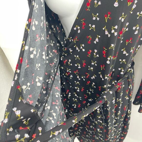Lark & Ro Black floral long sleeve true wrap dress large dainty floral flowers m - Picture 10 of 16